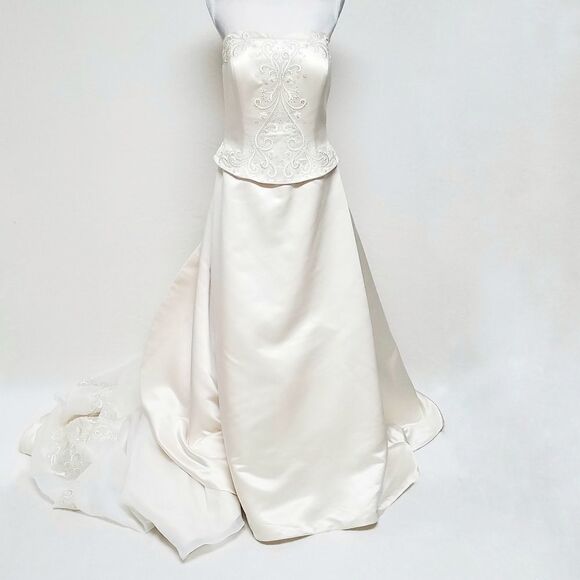 Oleg Cassini Rum Satin Strapless A-line Hand Beaded Organza Train Wedding Dress - Picture 2 of 16